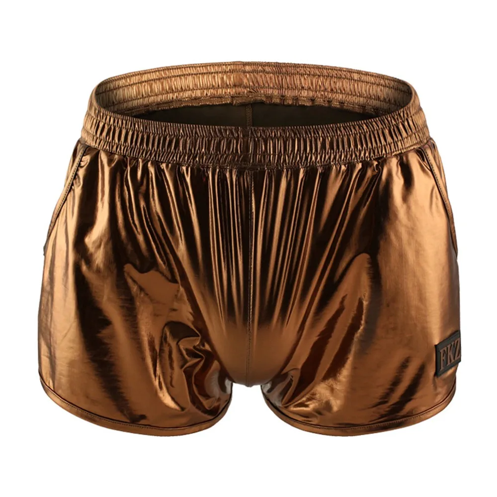 

Men Boxers Gilding Imitation Leather Underwear Sexy Stage Wear Loose Boxer Summer Swimwear Bikini Mid Waist Shorts Male