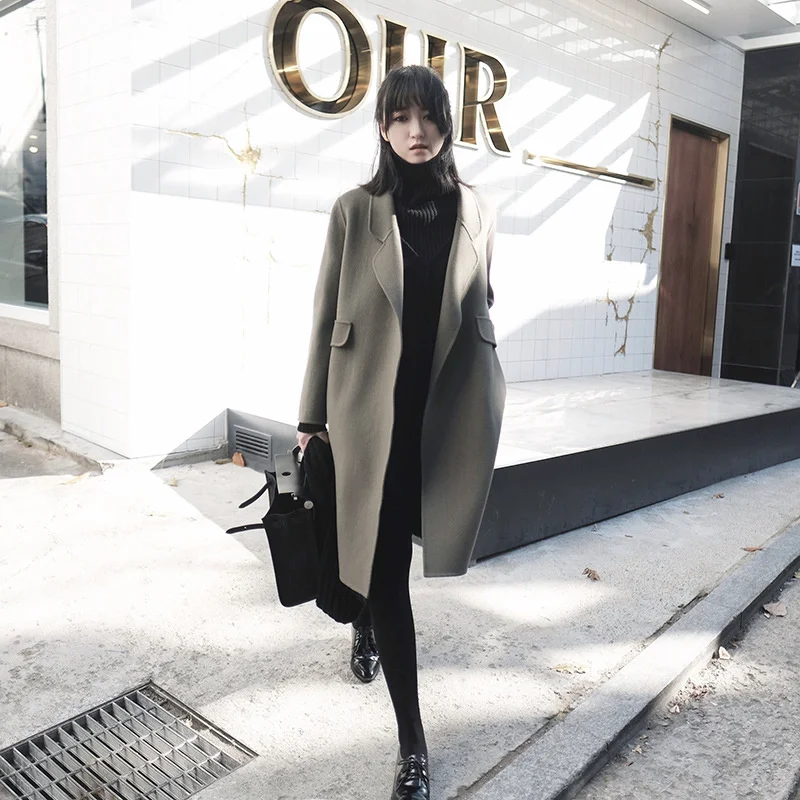 

Осень-зима шикарное кашемировое шерстяное пальто выше колена в Корейском стиле Хепберн женское элегантное приталенное средней длины 2021
