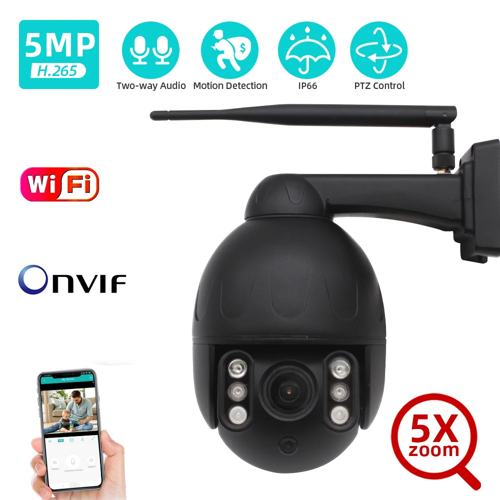 

5MP CCTV Wifi Wireless PTZ IP Camera Outdoor IP66 Waterproof 5X Optical Zoom Dome Motion Detection Email Alert Camera Onvif P2P