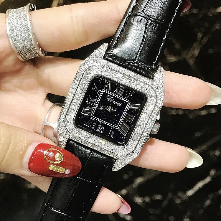 2020 New Top Luxury Full Diamond Square Roman numeral Bracelet Watch Women Fashion Leather Strap Rhinestone Quartz watch Clock