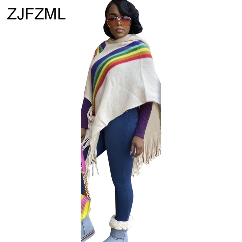 Радужный Полосатый Вязаный плащ женская модная длинная куртка с кисточками и