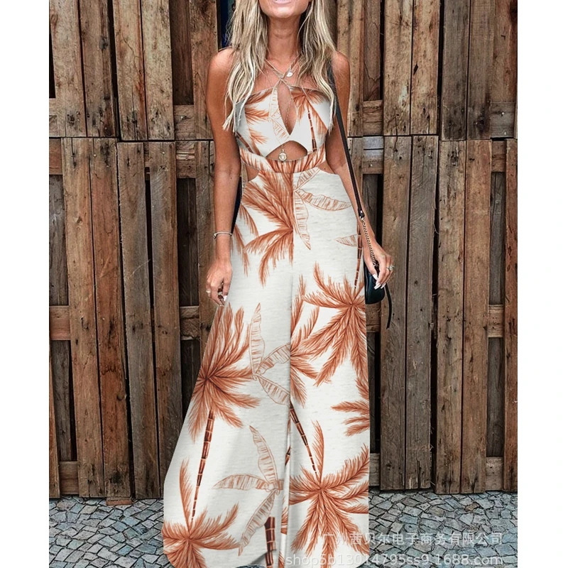 

Mandylandy Jumpsuits Summer V-neck Spaghetti Strap High Waist Wide Leg Jumpsuits Women's Printed Hollow Out Backless Jumpsuits