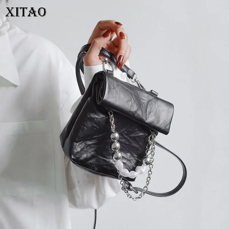 

XITAO Pleated PU Shoulder Bags Fashion Mini Black Trendy Shoulder Messenger Bag New Chain Splicing Beaded Decorate GWJ2088