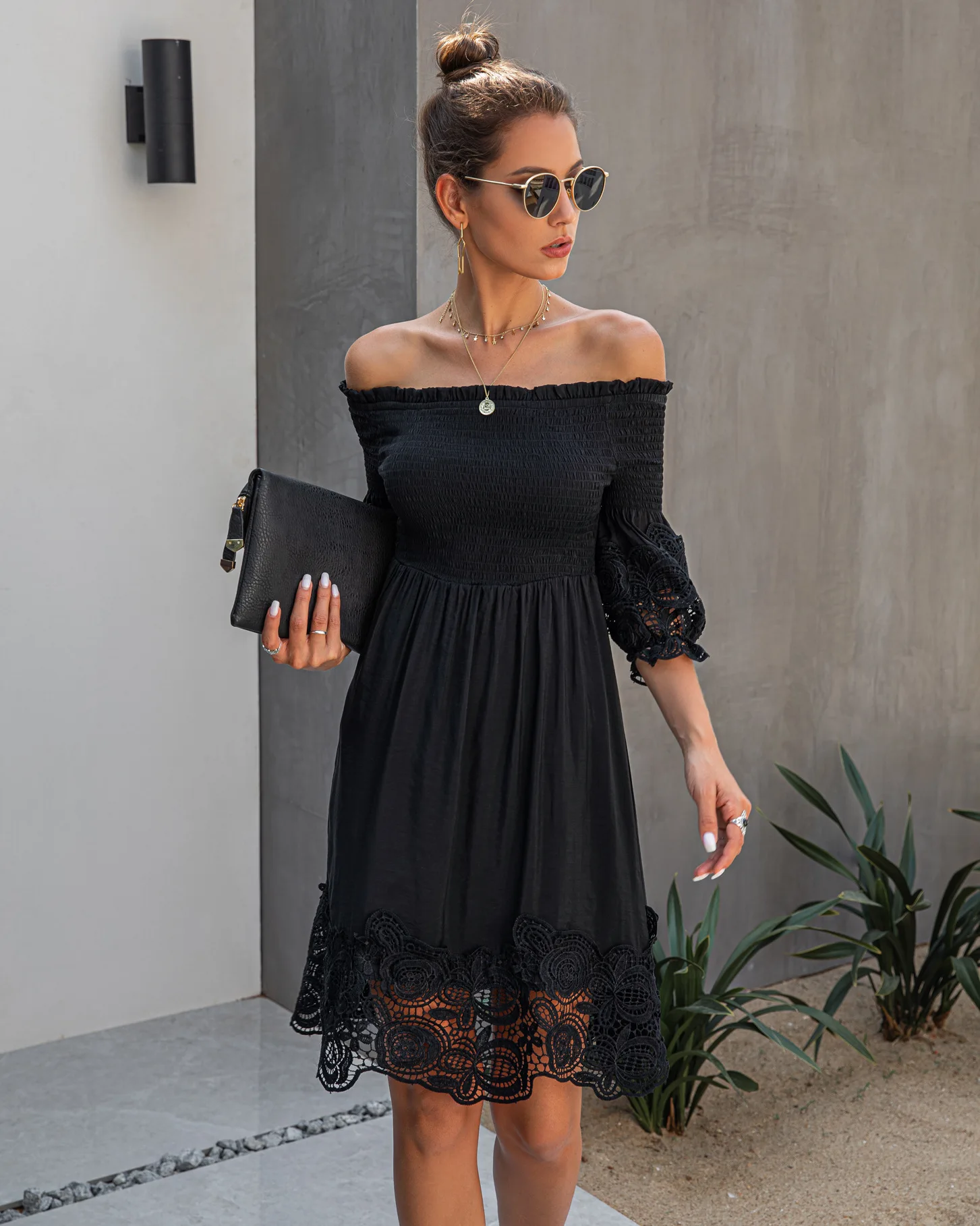 

A One-word Off-the-shoulder Solid Lace Dress Dresses for Women Dresses Woman Dress Dresses Women Dress for Women