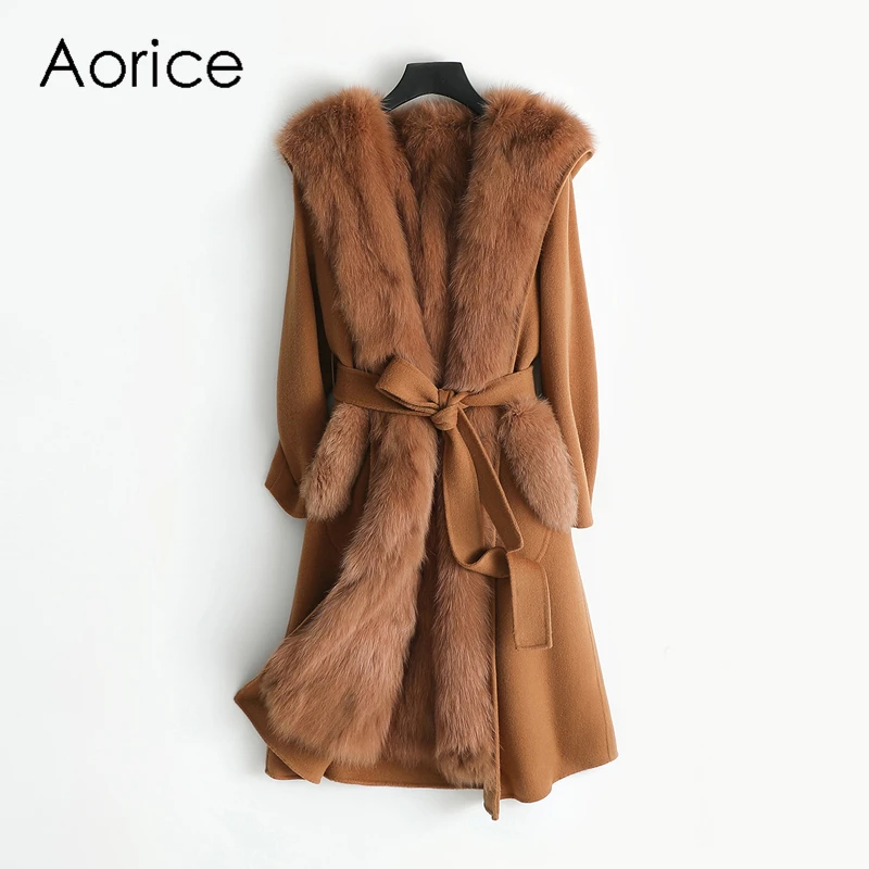 Aorice женские 90% пальто из шерстяной ткани леди лисий меховой воротник досуг осень/зима шерсть длинная верхняя одежда ZY178-2