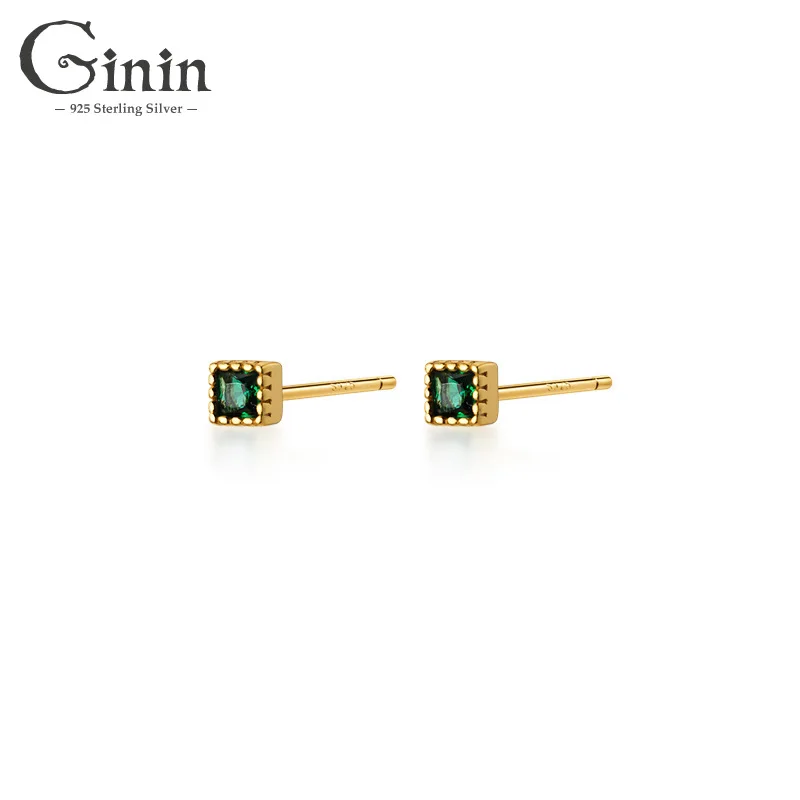 

Ginin 925 Sterling Silver Mini Green Zircon Square Stud Earrings for Women Small Girl Korean Style Geometric Elegant Jewelry