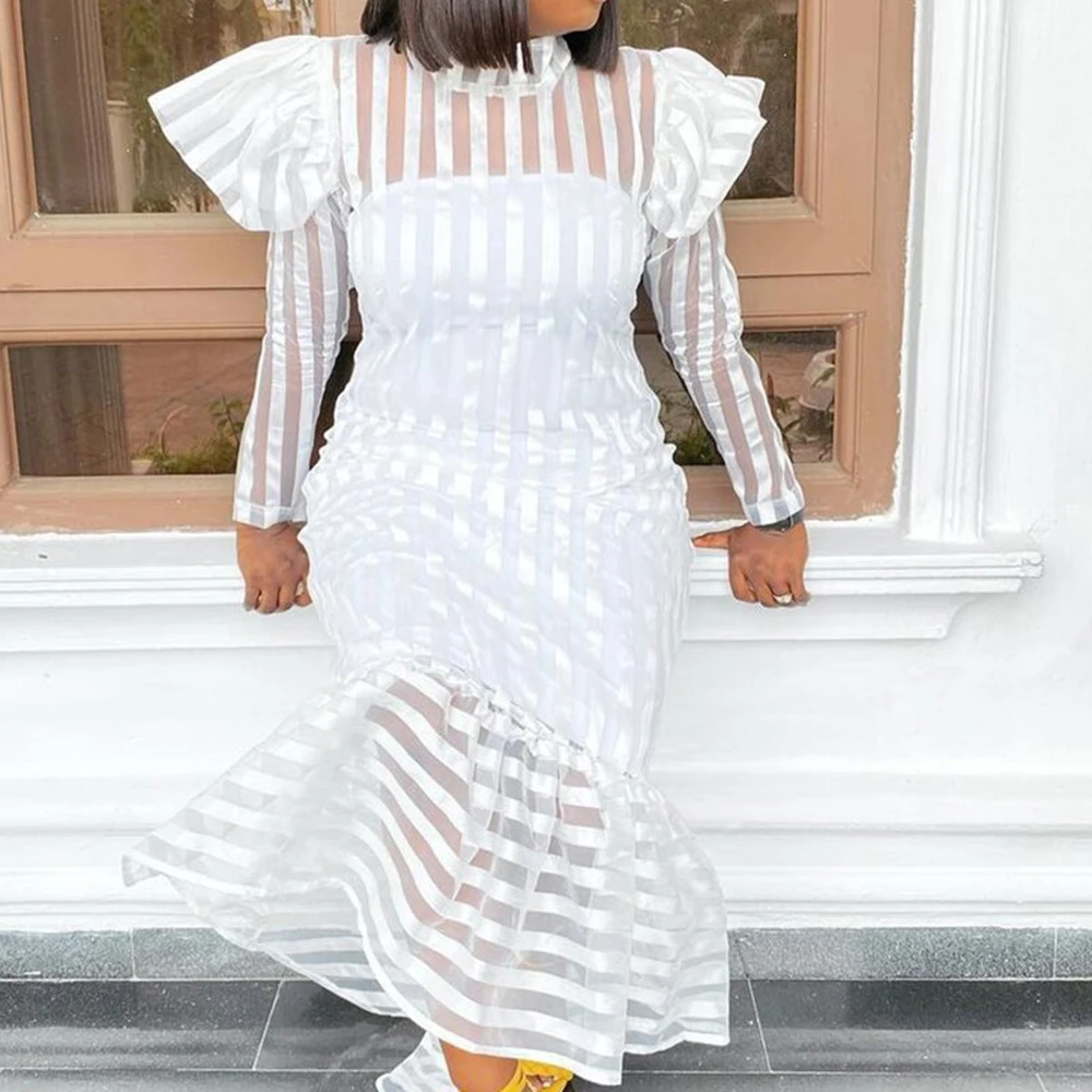 

Платья размера плюс, сексуальные прозрачные белые полосатые туники с длинным рукавом и высоким воротником, модные элегантные женские вечер...