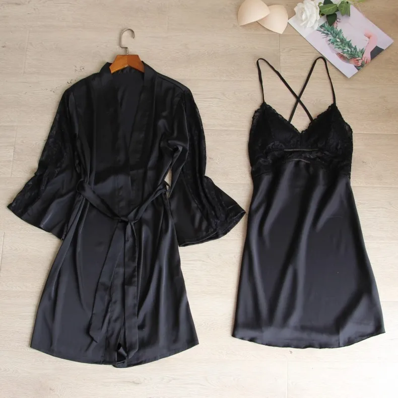 

White Perspective Robe Set Sexy Lace 2PCS Sleepwear Women Satin Kimono Gown Femme Sleep Set Summer New Nighty&Robe Set