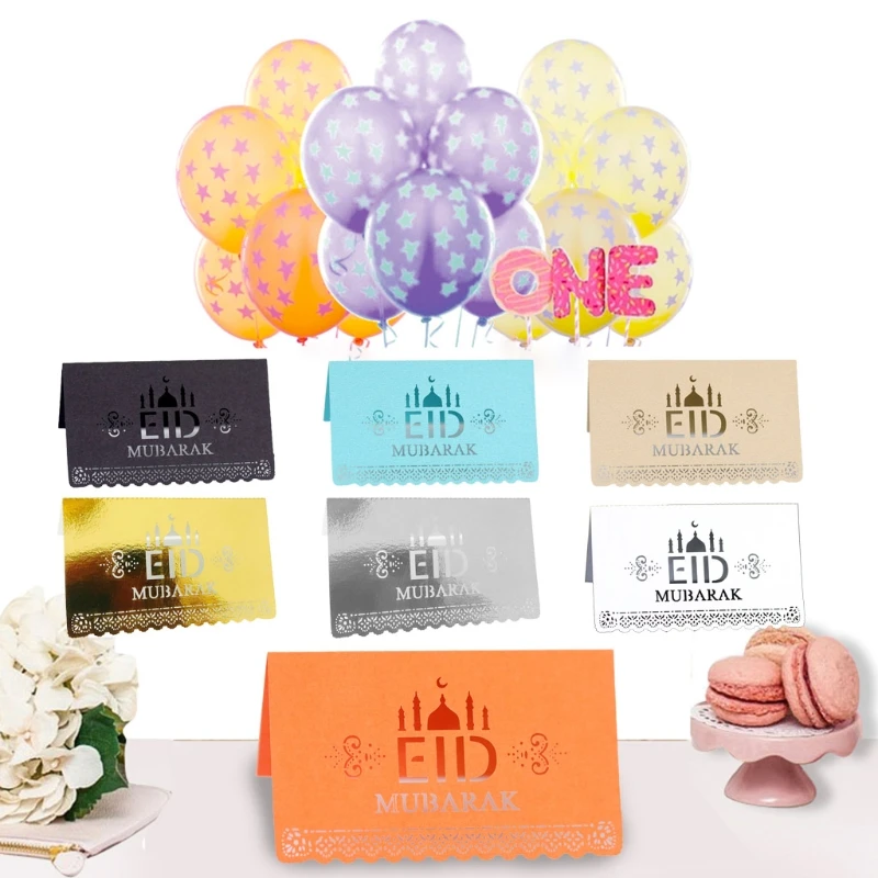

Newest 100pcs Eid Mubarak Paper Postcard Ramadan Kareem Party Seat Table Invitation Hollow Out Place Card Muslim Decoration