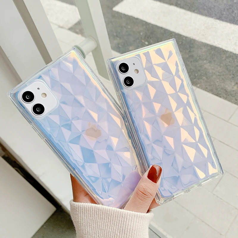 

12 Case Luxury Square Laser Diamond Clear Cases for iPhone 12 Pro Max 11 XR X XS 7 8 Plus Silicone Aurora Phone Cover SE 2020