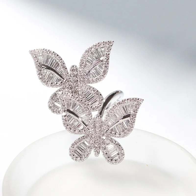 Classic Crystal Double Butterfly Rings Female Finger Accessories Top Grade Platinum Ring For Bridal Wedding Jewelry With Stones