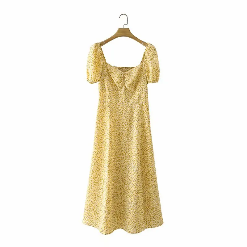 

DOUJILI 2021 Fashion Summer Yellow Dress Puff Sleeve Dress Elegant Printing Short Sleeve Long Dress For Casual Wearing