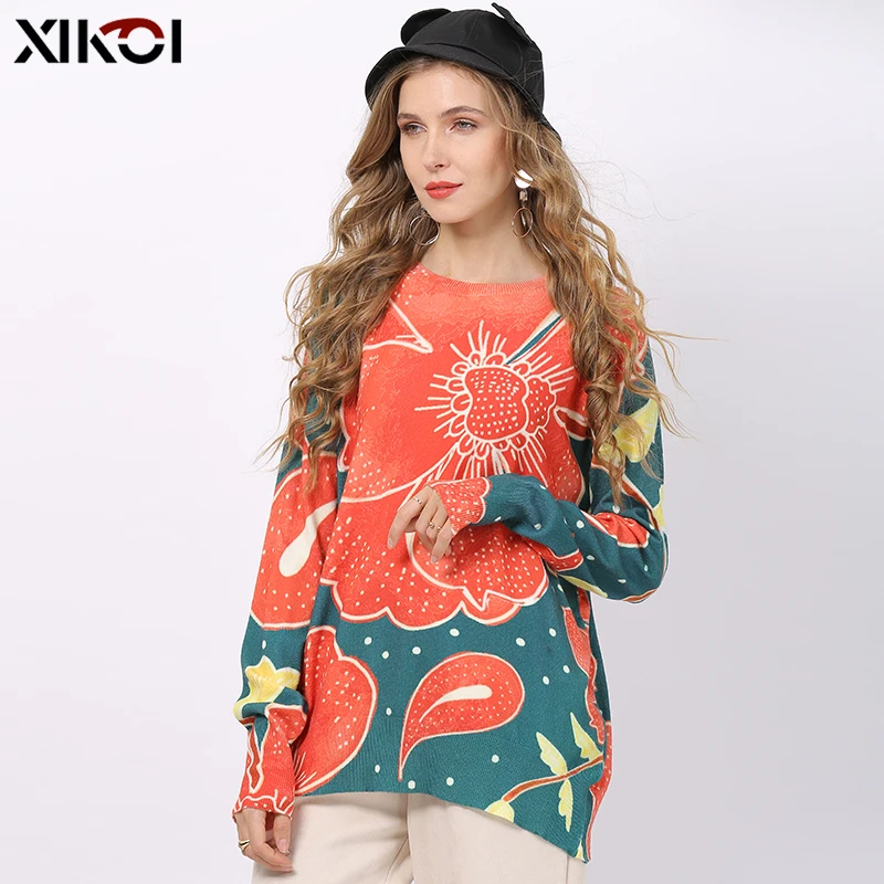 Свитер женский Зимний вязаный с круглым вырезом и принтом | Женская одежда