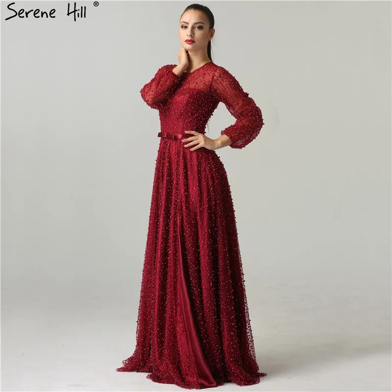 Женское платье для выпускного вечера Бордовое с длинным рукавом и разрезом сбоку