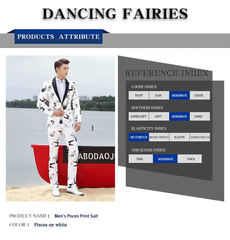 Fashion men 2 piece suit set(coat+ pant) Pisces printing black satin collar lapel dance cocktail party casual men's white suit