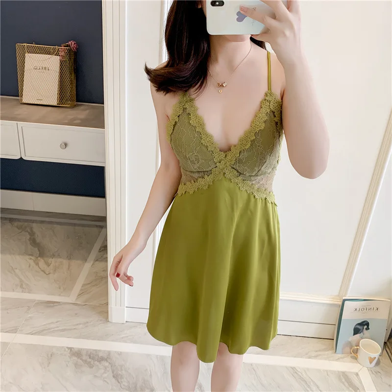 Женская сексуальная ночная рубашка шелковая с принтом кружевная домашняя одежда