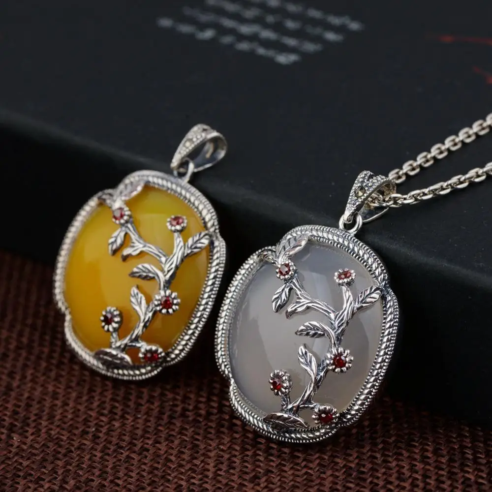 

Natural Gemstone Pendant For Women Yellow Chalcedony 925 Sterling Silver Flower Engraved Blessing Rich And Honored