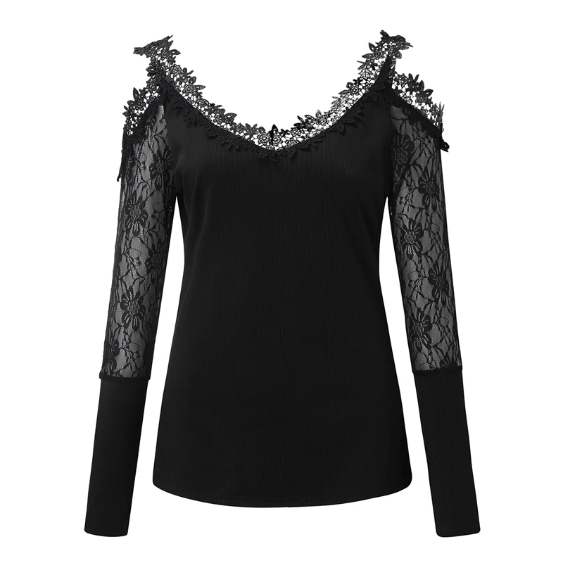 

Women Off Shoulder Blouse Long Style Commuting Pullover V-neck Lace Bottoming Blouse Solid Casual Blouse