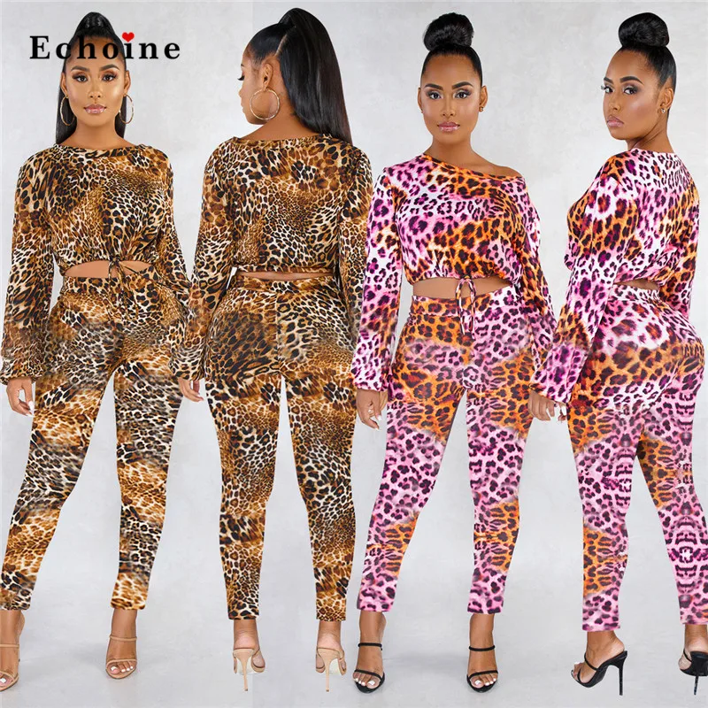 

Комплект из двух предметов с леопардовым принтом, сексуальный женский костюм, повседневные бандажные длинные штаны на шнуровке, очаровател...