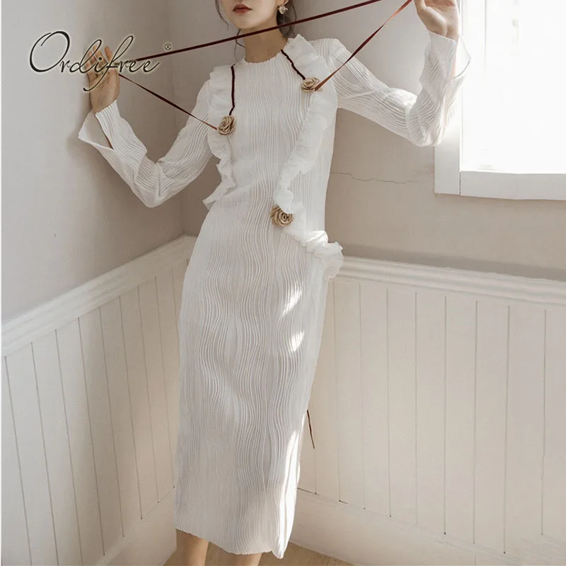 

Платье Ordifree женское средней длины с длинным рукавом, повседневное винтажное платье составного кроя с аппликацией и оборками, с цветочным пр...