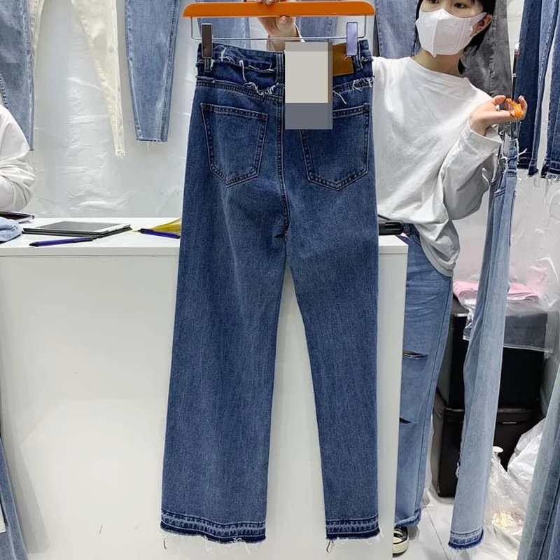 

Korean Fashion High Waist Contrast Color Baggy Jeans Women Pockets Wide Leg Pantalones Mujer Casual Loose Long Denim Pans
