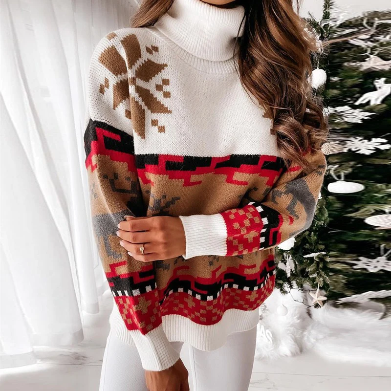 

2021 NEW Christmas Turtleneck Elk Print Knit Loose Women Sweater Winter Fashion Warm Pullover Sweater Casual Lady Chic Sweaters