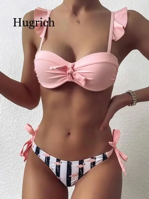 

Striped Lace Ruffle Push Up Women Bandeau Swimsuit Female Swimwear Bra Cup Bikini Set High Cut Bathing Suit