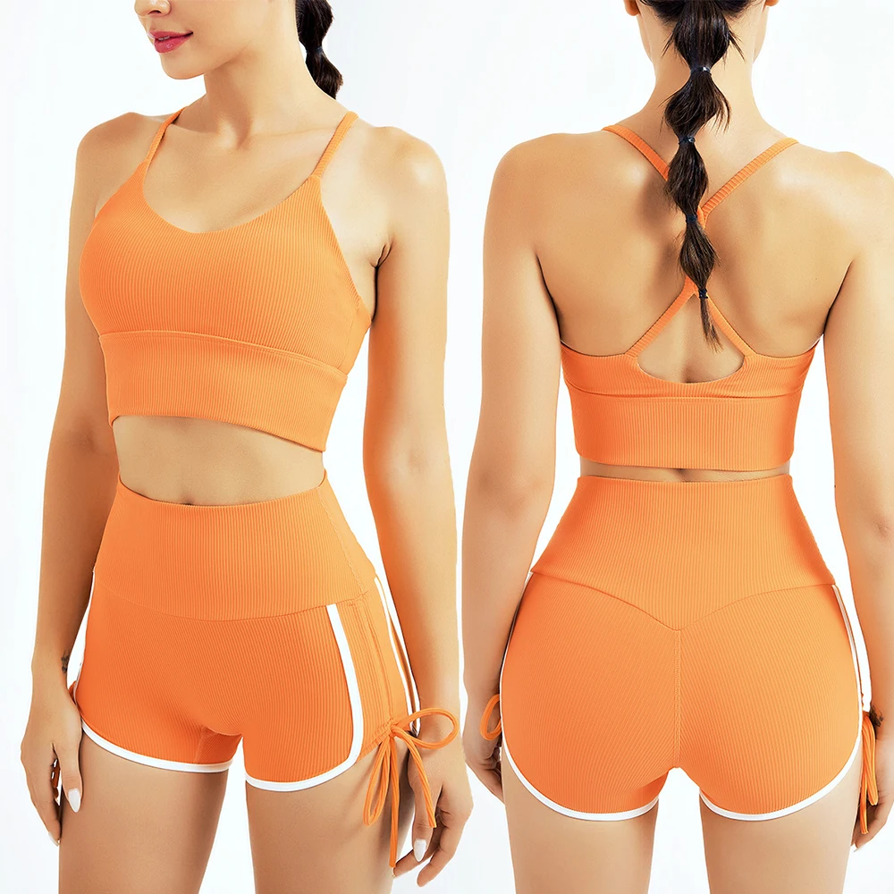 

2 PCS Women's Yoga Suit Sports Set Gym Clothes Fitness Women's Sports Bra High Waist Yoga Shorts Sets Ribbed Workout Set Outfits