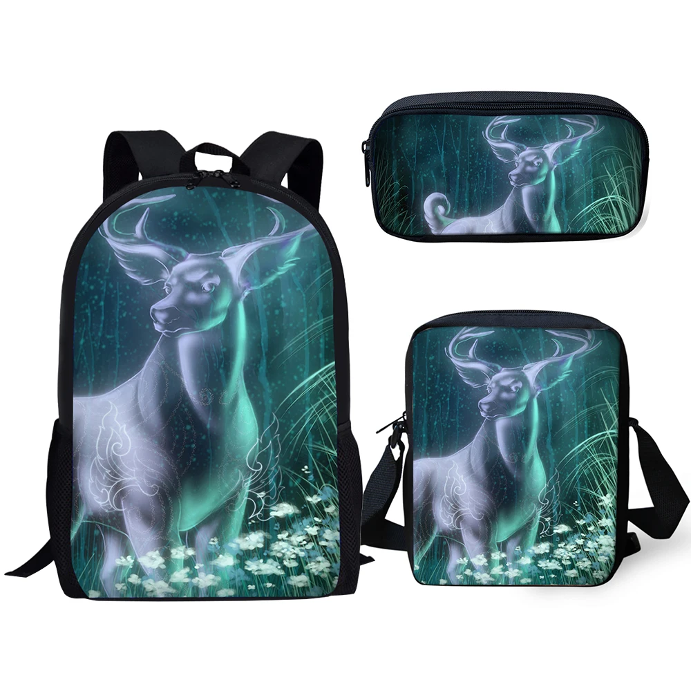 HaoYun 3PCs Set Children School Backpack Arts Fantasy Deer Kids School Bags Kawaii Animal Students Backpack/Flaps Bag/Pen Bags