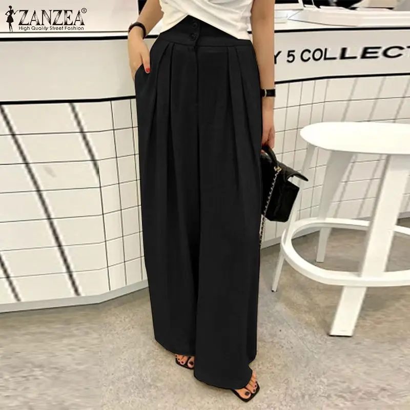 

2022 ZANZEA Women High Waist Wide Leg Pants Autumn Casual Elegant Loose Work Pantalon Female Party Palazzo Solid Long Trousers