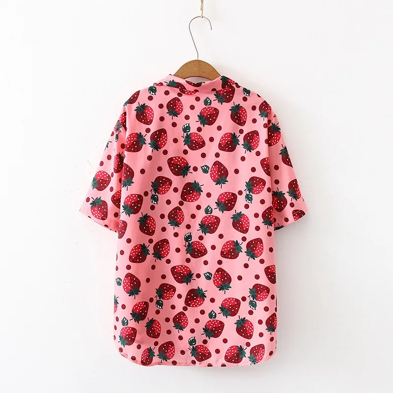 

Sweet Women Strawberry Print Blouse Turn-down Collar Casual Shirt Short Sleeve Loose Blouse