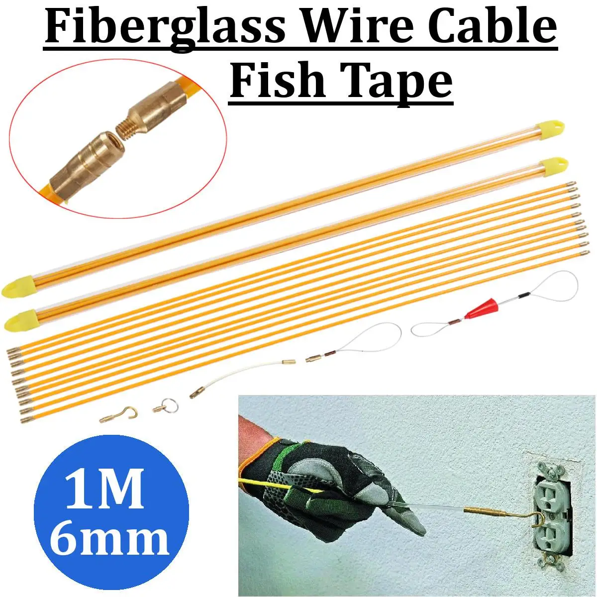 

6mm 10x1M Fiberglass Wire Cable Rod Puller Electrical Fish Tape Pull Push Kit Fiberglass Wire Cable Rod Puller Tool Set Durable