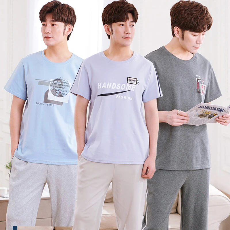 

2021 Summer Short Sleeve Long Pants 100% Cotton Pajama Sets for Men Fashion Korean Sleepwear Pyjamas Homewear Night Suit Clothes