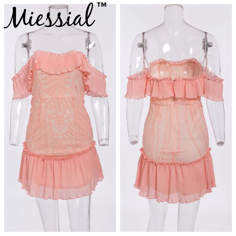 Miessial Розовое Кружевное облегающее платье с открытыми плечами Осеннее винтажное