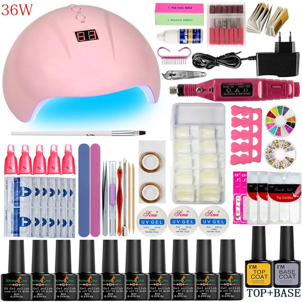 36w set 1 УФ-лампа для ногтей, маникюрный набор на выбор, 10 цветов, Гель-лак, основа, верхнее покрытие, наборы для ногтей, Удлинительный УФ-гель, набор, Электрический маникюрный набор с ручками - Цвет: 36w set 1