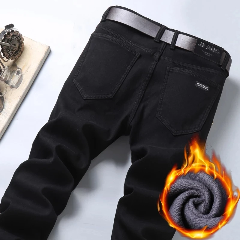 Denim Trousers Brand Male Fit Pants 28-40 Winter New Men'S Plus Fleece Warm Jeans Business Casual Loose Straight Stretch