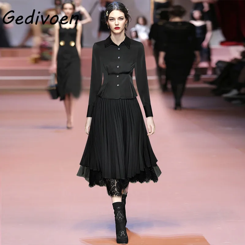 

Gedivoen Casual Black Women Coat Lapel Long Sleeve Single Breasted Pleated Skirt Female Fashion Early Spring New