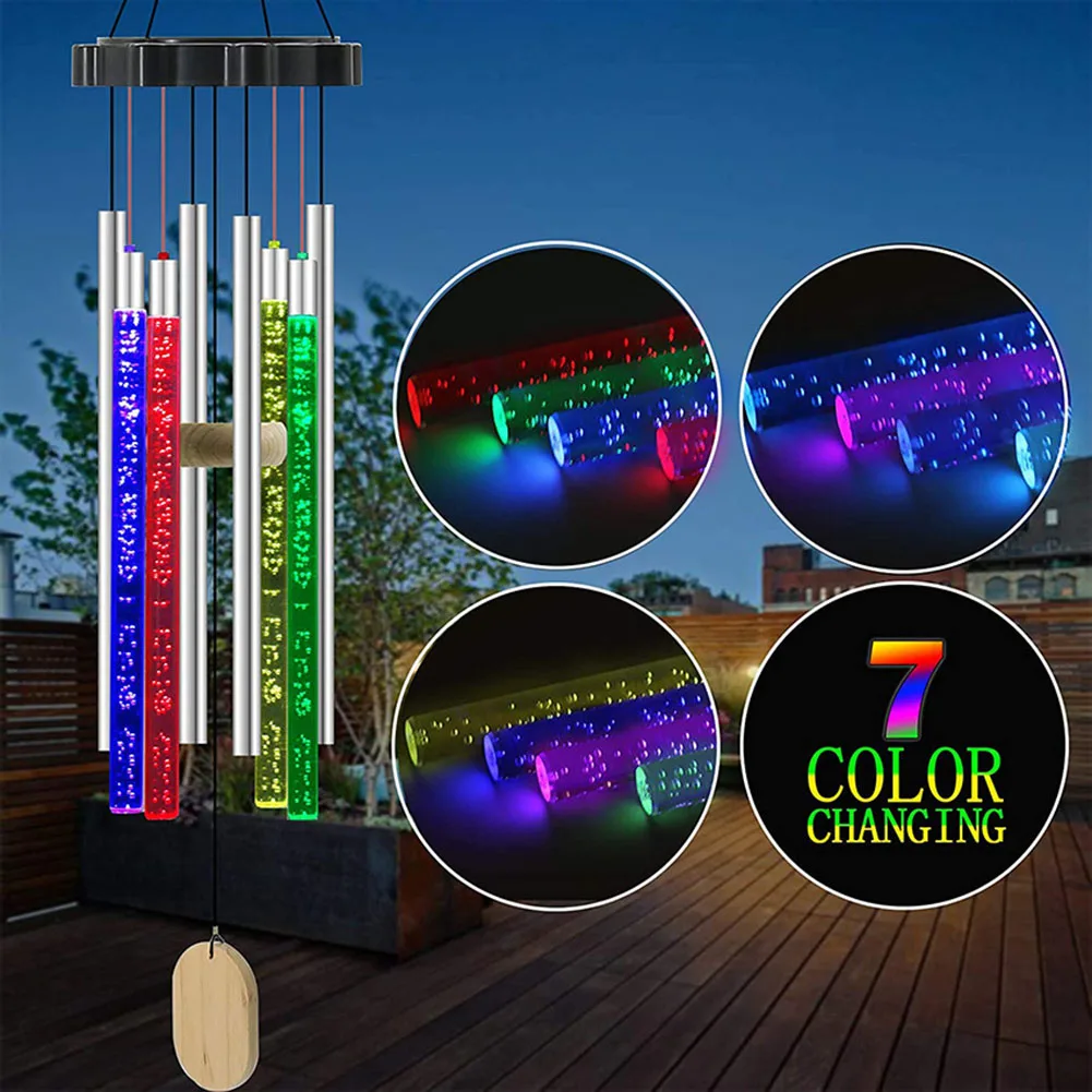 

7 Color Changing Solar Power Wind Chime Lamps Colorful Bubble Column Windbell Light Waterproof Outdoor Hanging Decorative Light