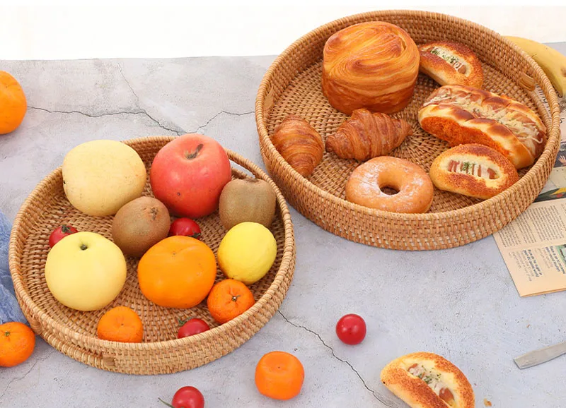 

Handwoven Rattan Basket Bread Tray Fruit Vegetable Cake Snack Plate Food Storage Dish for Home Organizer Paniers De Rangement