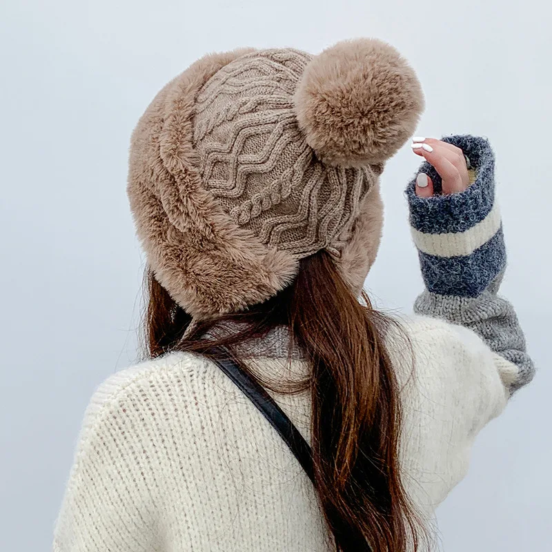 

2021 Women's Plush Hats Winter Warm Earmuffs Thicken Ear-flapped Hat Female Faux Fur Bomber Hats Fashion Hair Accessories