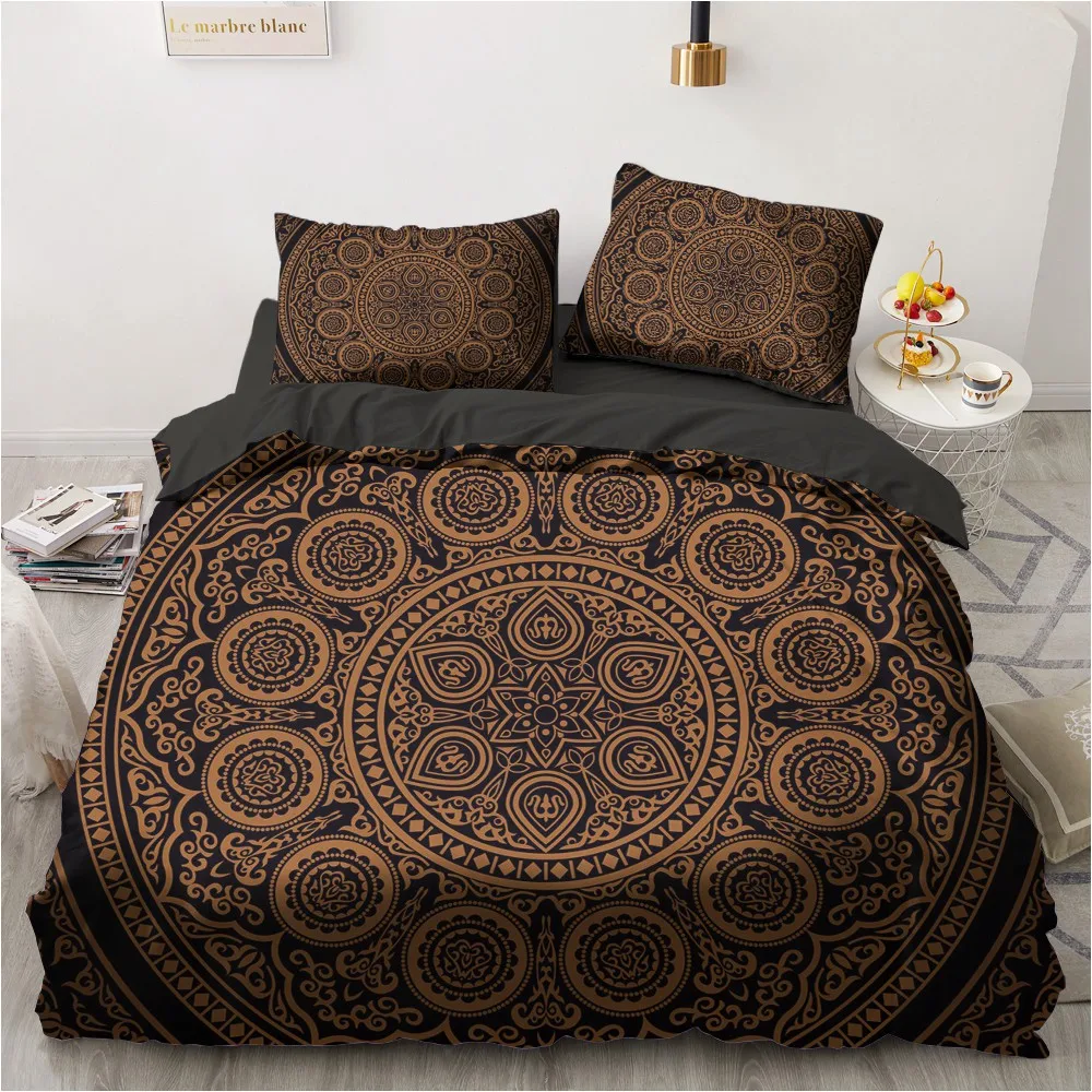 

3D Duvet Quilt Cover Set Bedding Sets Comforter Bed Linen Pillowcase King Queen Size Black Gold Design Printed 230x230cm