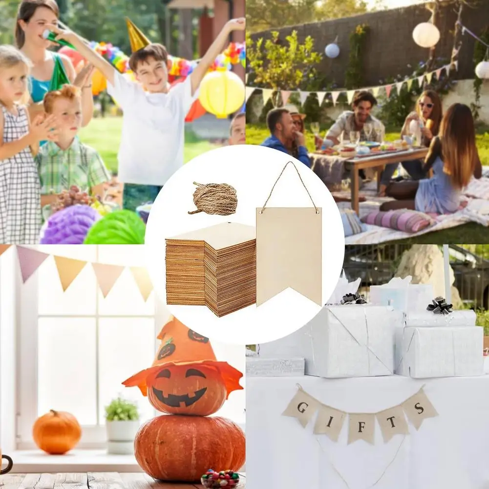 

12/48PC Wooden Signs with Twine Natural Wood crafts decoration board gift decor label birthday party DIY blank pendant Sign