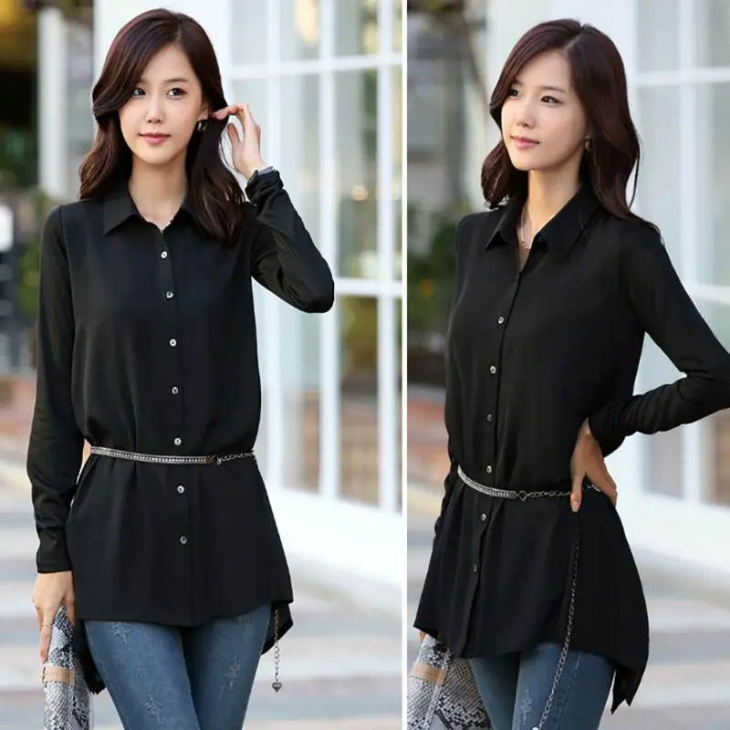 

Women Chiffon Tops Black Summer Shirts Long Blouse Women Plus Size 4XL Buttons Sexy Loose Irregular Blusas Female