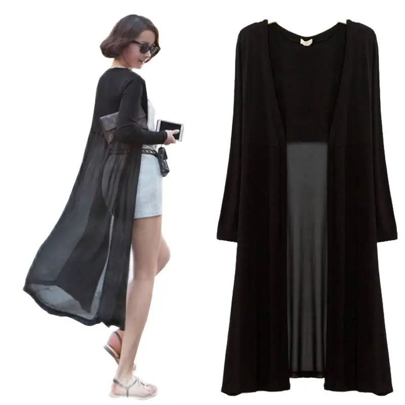 Женское длинное кимоно с поясом винтажный черный или синий кардиган парео