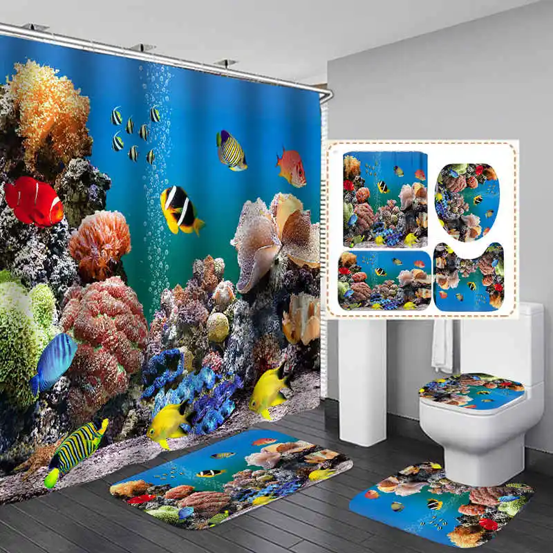 

Цветная Водонепроницаемая тканевая занавеска для душа с коралловыми рыбками, нескользящий коврик для ванной, покрытие для унитаза, коврики...