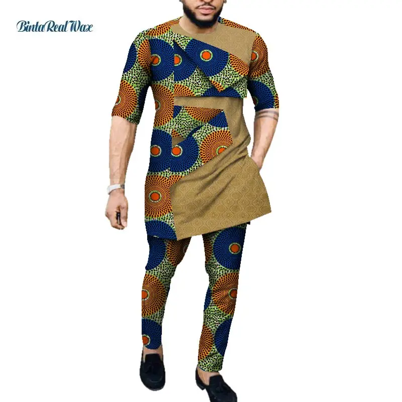 

African Style Clothing Mens Print Clothes 100% Cotton Patchwork Top and Long Pants Sets African Print 2 Piece Pants Sets WYN1054
