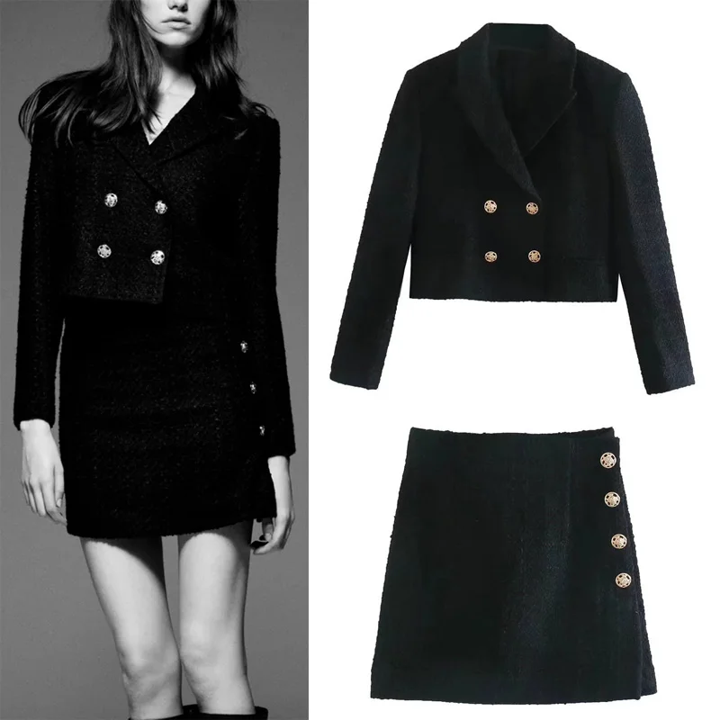 

Za Autumn Black Woman Coat Fashion Lapel Long Sleeve Chic Buttons Blouse Jacket Vintage Side Zipper Mini Sexy Skirt Suit 2021