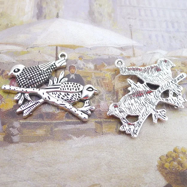 

2PCS/Lot 42mm*49mm Antique Silver Color Branch Double Bird Charms Pendants For Jewelry Making DIY Handmade Craft