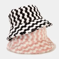 fashion plaid rabbit faux fur bucket hat autumn winter warm plush hats for women lady thicken panama outdoor fisherman hat caps