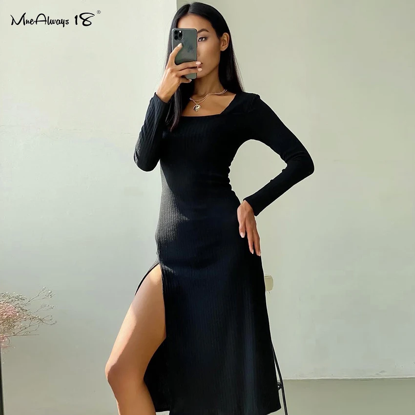 Mnealways18 Split Sexy Solid Knitted Dress Long Sleeve Khaki Ribbed Casual Women Dresses Midi Autumn Winter Ladies Bodycon Dress